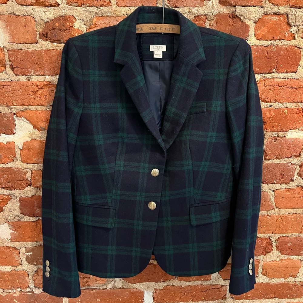 J. Crew Women's Wool Navy and Green Check Blazer